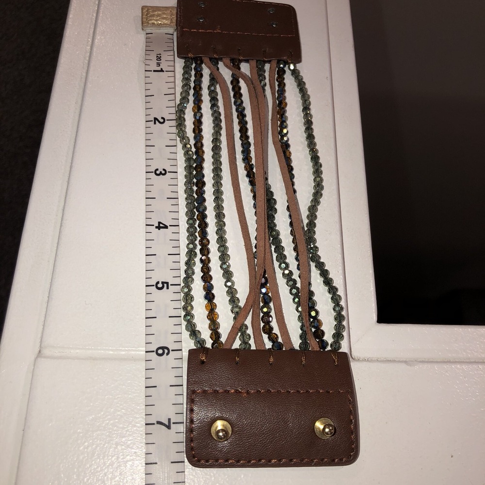 Leather & Crystal Cuff Wide Bracelet Brown Leather Green AB Crystal Multi Strand - Picture 11 of 12